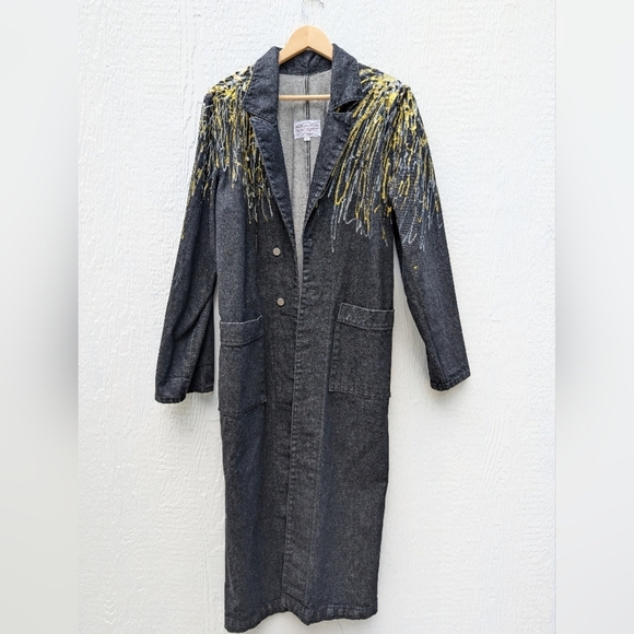 Vintage Sundance Denim Wear Long Duster Coat Glitter Glue Pearl Art Size Small - Picture 1 of 9